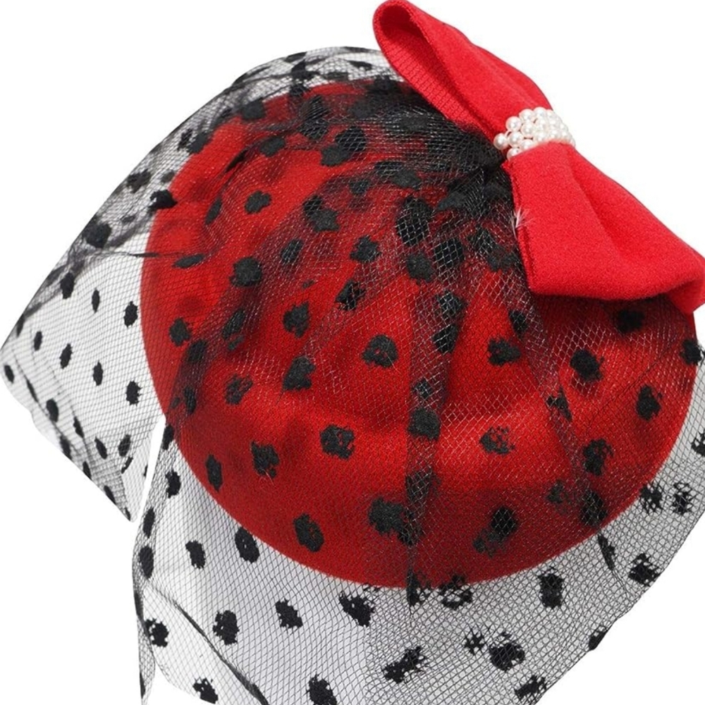 Beloved Millinery Gorgeous Black Red Pillbox 3PC Dotted Lace Fascinator